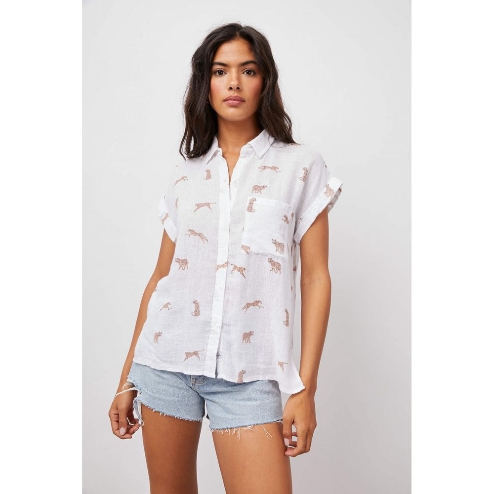 Rails Whitney Playful Cheetahs Linen Blend Button-Down Shirt White Sz M $168